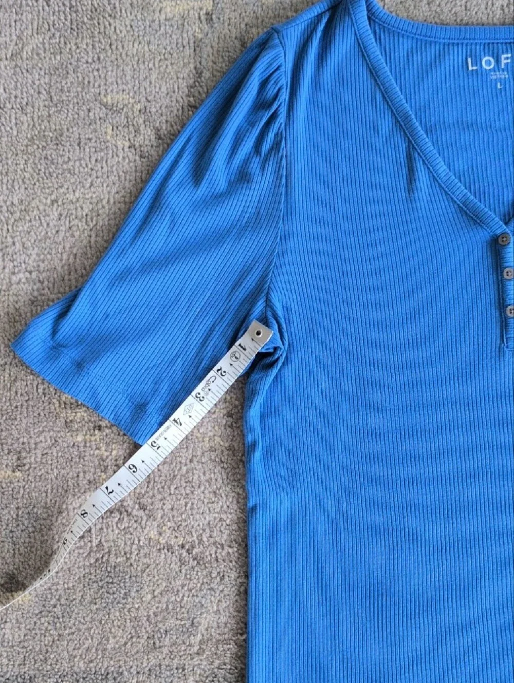 LOFT Bright Blue Ribbed V-Neck Button Top
